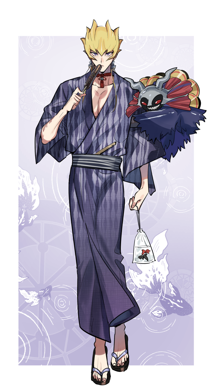 1boy alternate_costume bag bagged_fish black_footwear black_sash blonde_hair blue_kimono border collarbone commentary_request creature dark_resonator duel_monster earrings fish food full_body hair_between_eyes helmet highres holding holding_bag holding_food jack_atlas japanese_clothes jewelry kimono koi looking_at_viewer obi open_mouth purple_background sandals sash short_hair short_sleeves spiky_hair torinomaruyaki violet_eyes walking water white_border wide_sleeves yu-gi-oh! yu-gi-oh!_5d's