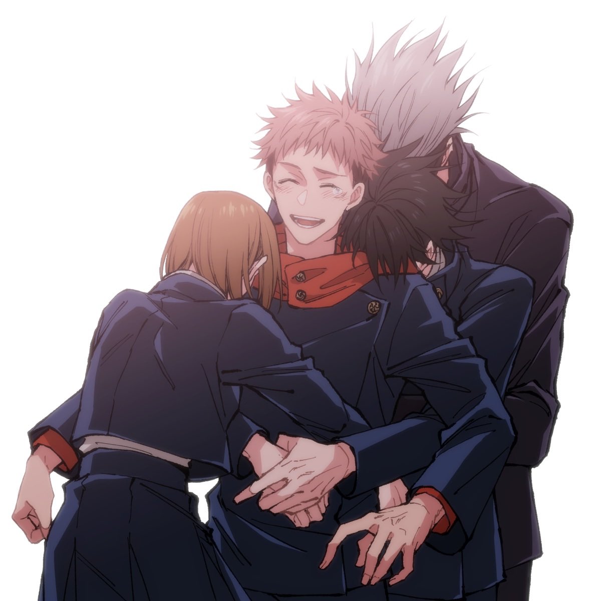 1girl 3boys black_hair black_jacket black_skirt blindfold brown_hair cowboy_shot facing_away fushiguro_megumi gakuran gojou_satoru group_hug highres hood hood_down hoodie hug hug_from_behind itadori_yuuji jacket jujutsu_kaisen kugisaki_nobara long_sleeves multiple_boys pantarhei08 pants pink_hair red_hoodie school_uniform short_hair simple_background skirt spiky_hair standing undercut white_background white_hair