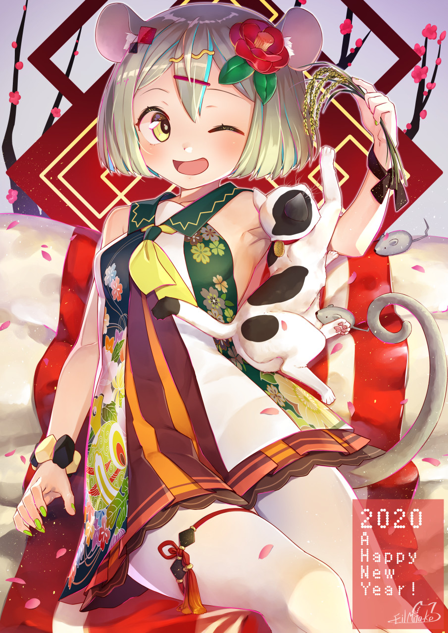 1girl 2020 ;d animal_ears artist_name bangs bob_cut bracelet cat chinese_zodiac collared_dress dress english_text flower green_nails grey_hair hair_flower hair_ornament hairclip happy_new_year highres holding jewelry looking_at_viewer mitake_eil mouse_ears mouse_girl mouse_tail multicolored multicolored_clothes multicolored_dress nail_polish neckerchief nengajou new_year on_bed one_eye_closed open_mouth original pantyhose petals pillow pleated_dress print_dress ribbon short_dress short_hair signature sitting sleeveless sleeveless_dress smile solo tail thigh_strap white_legwear wrist_ribbon year_of_the_rat yellow_eyes yellow_neckwear