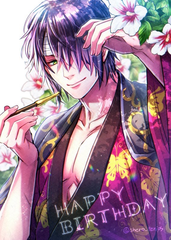 1boy arm_up bandaged_head bandages bangs closed_mouth collarbone commentary_request flower gintama green_eyes hair_over_one_eye happy_birthday holding holding_pipe japanese_clothes kimono kiseru long_sleeves looking_at_viewer male_focus pipe purple_hair purple_kimono smile solo takasugi_shinsuke tsurumura_ichiru upper_body white_background white_flower wide_sleeves