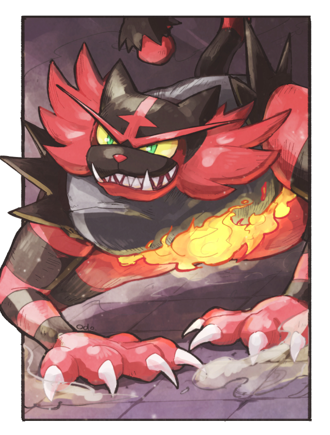 all_fours artist_name border claws colored_sclera commentary_request fire gen_7_pokemon green_eyes incineroar odo_7ta outside_border parted_lips pokemon sharp_teeth smile teeth white_border yellow_sclera