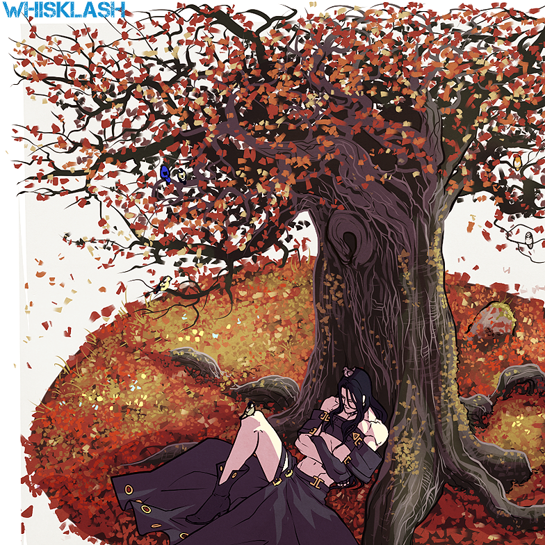 1boy autumn autumn_leaves bird black_clothes black_hair crossed_arms forest guilty_gear guilty_gear_xx leaf long_hair nature pale_skin resting testament_(guilty_gear) tree whisklash