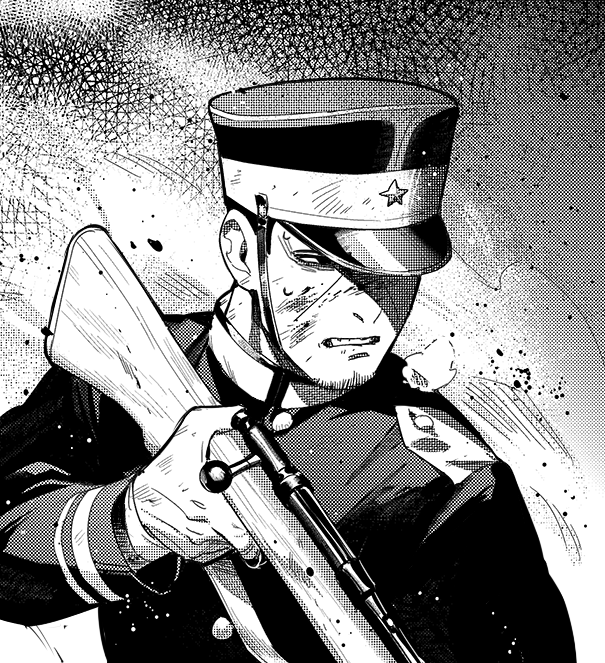 1boy black_eyes clenched_teeth facial_hair golden_kamuy greyscale gun male_focus military military_uniform monochrome rifle solo stubble teeth tsukishima_hajime uniform upper_body weapon zoo_(oukakumaku)