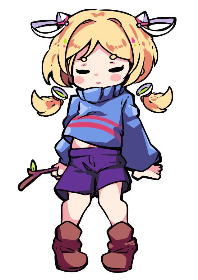 1girl aki_rosenthal arms_at_sides bangs blonde_hair blue_sweater blush_stickers boots brown_footwear closed_eyes closed_mouth cosplay detached_hair eyebrows_visible_through_hair frisk_(undertale) frisk_(undertale)_(cosplay) full_body hair_intakes hair_ornament holding hololive long_hair long_sleeves low_twintails midriff_peek navel puffy_long_sleeves puffy_sleeves purple_shorts short_eyebrows short_hair shorts solo standing sweater thick_eyebrows toon_(toonhoshi) transparent_background turtleneck turtleneck_sweater twintails undertale younger