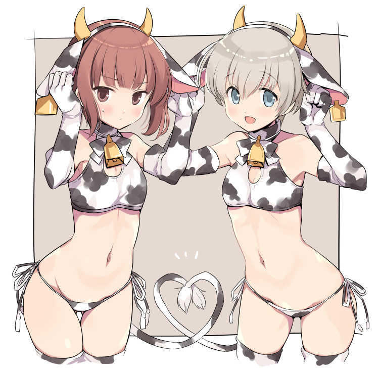 alternate_costume animal_ears animal_print aqua_eyes bangs bell bikini breasts brown_eyes brown_hair closed_mouth cow_ears cow_print cow_tail cowbell elbow_gloves eyebrows_visible_through_hair fake_animal_ears gloves grey_hair heart heart_tail horns kantai_collection odawara_hakone open_mouth short_hair side-tie_bikini sidelocks simple_background small_breasts sweat swimsuit tail thigh-highs two-tone_background z1_leberecht_maass_(kancolle) z3_max_schultz_(kancolle)