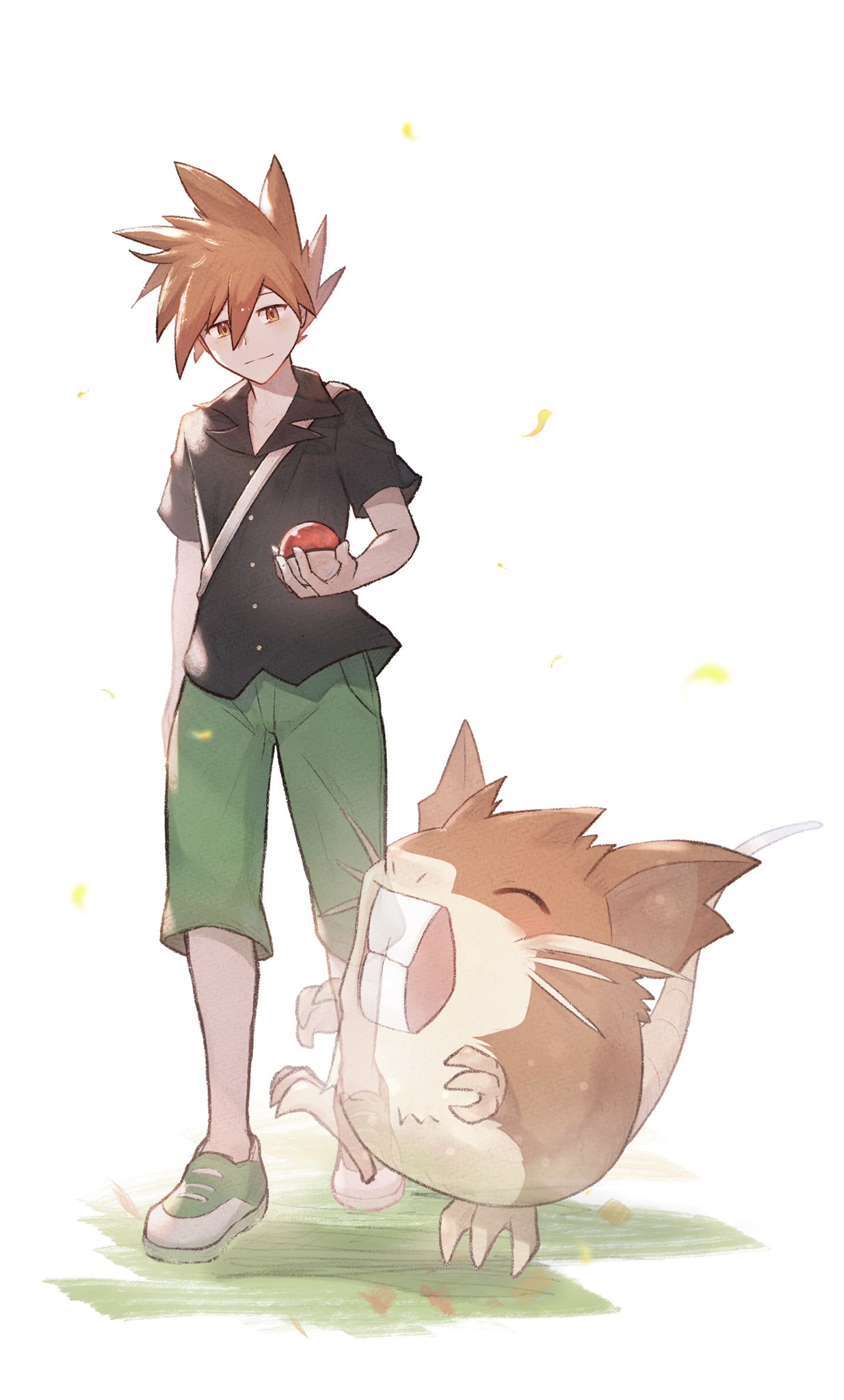 1boy bangs black_shirt blue_oak brown_hair buttons capri_pants closed_mouth collared_shirt commentary_request gen_1_pokemon ghost green_pants hair_between_eyes highres holding holding_poke_ball leaves_in_wind looking_down male_focus odd_(hin_yari) pants poke_ball poke_ball_(basic) pokemon pokemon_(game) pokemon_sm raticate shirt shoes short_sleeves spiky_hair standing