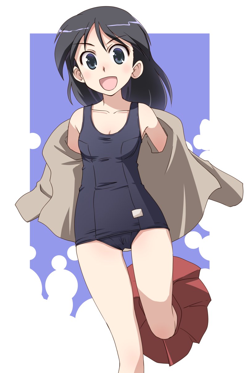 1girl :d bangs black_eyes black_hair black_swimsuit border breasts brown_jacket chi-hatan_school_uniform commentary_request girls_und_panzer highres jacket kubota_(girls_und_panzer) leg_up long_hair long_sleeves miniskirt off_shoulder old_school_swimsuit one-piece_swimsuit open_clothes open_jacket open_mouth osamada_meika outside_border partial_commentary pleated_skirt red_skirt school_swimsuit school_uniform skirt skirt_around_one_leg small_breasts smile solo standing standing_on_one_leg swimsuit undressing white_border