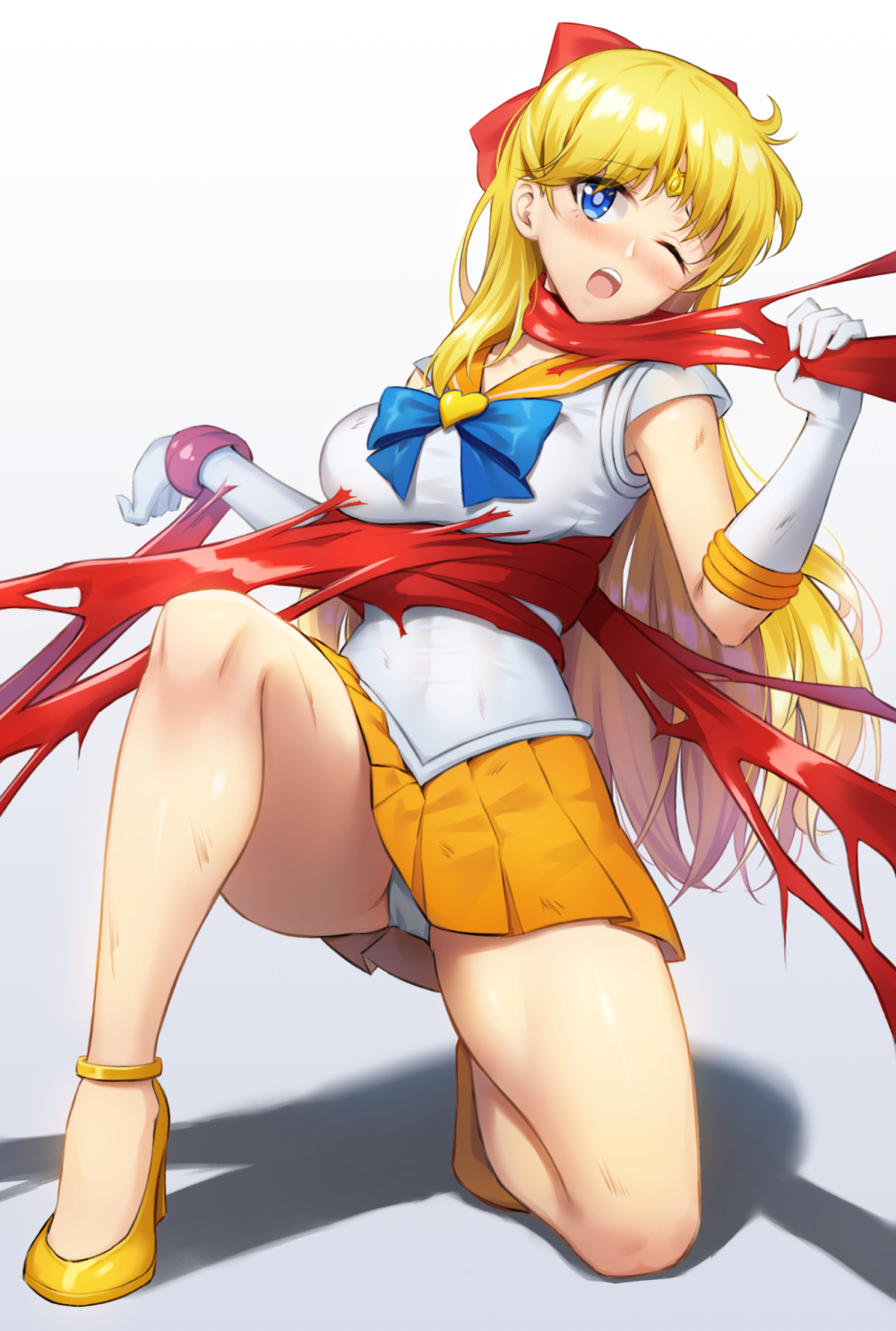 1girl ;o acso aino_minako bangs bare_legs bishoujo_senshi_sailor_moon blonde_hair blue_bow blue_eyes blue_sailor_collar blush bow commentary_request elbow_gloves full_body gloves hair_bow hands_up heart high_heels highres long_hair looking_at_viewer magical_girl miniskirt one_eye_closed one_knee open_mouth orange_sailor_collar orange_skirt panties red_bow restrained revision sailor_collar sailor_senshi_uniform sailor_venus shirt shoes skirt solo strangling strappy_heels super_sailor_venus tentacles twintails underwear upper_teeth upskirt white_gloves white_shirt