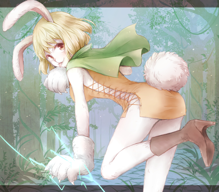0aoiurn0 1girl :p animal_ears blonde_hair body_fur boots brown_eyes brown_footwear bunny_tail cape carrot_(one_piece) electricity forest fur furry gloves green_cape letterboxed looking_at_viewer nature one_piece paw_gloves paws rabbit_ears short_hair solo tail tongue tongue_out tree white_gloves