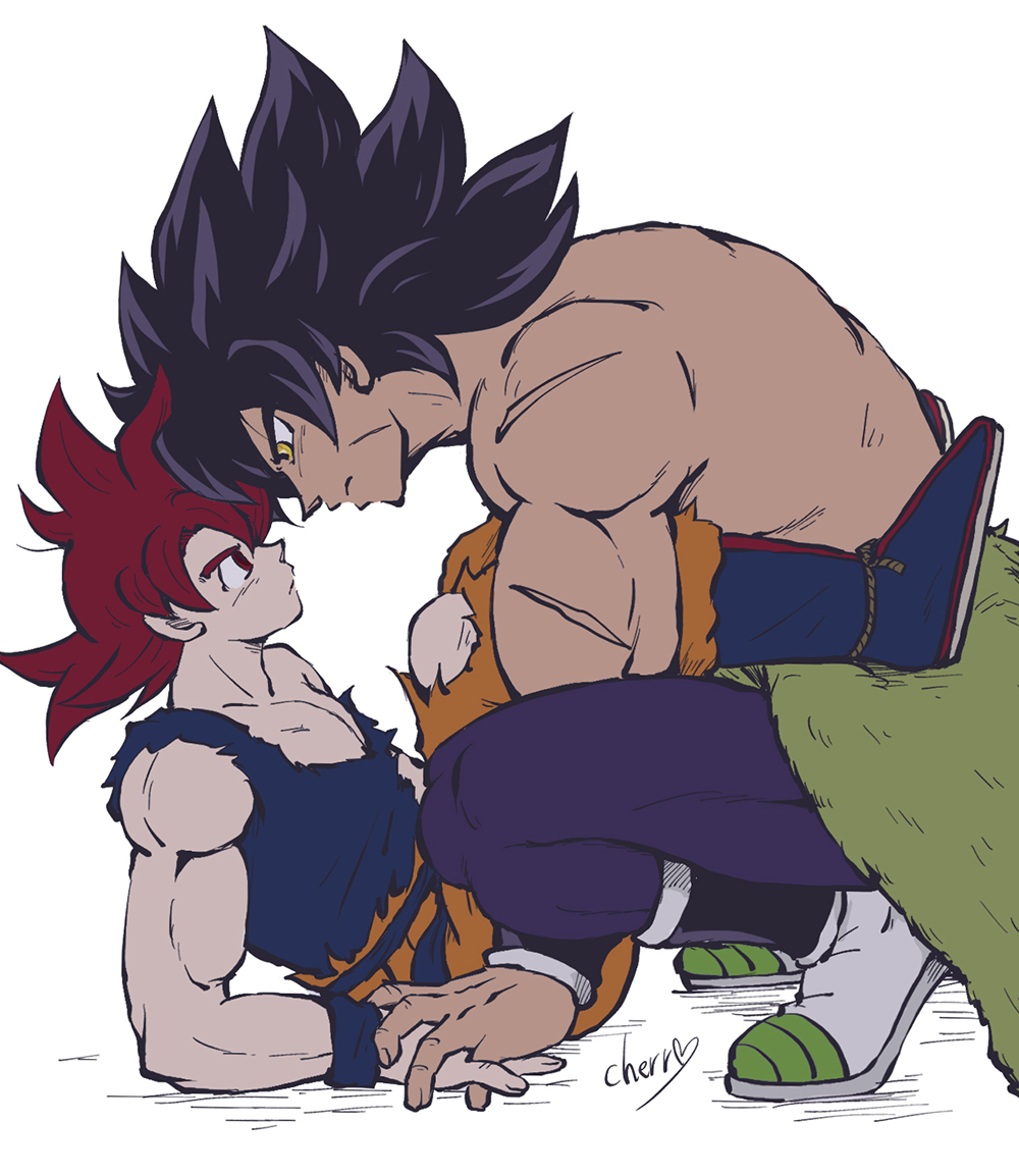 2boys animal_costume bare_arms bare_shoulders black_eyes black_hair broly_(dragon_ball_super) cherry_(cherrymoon26) couple cow_costume dragon_ball dragon_ball_super eye_contact forehead-to-forehead fur_(clothing) holding_hands interlocked_fingers interracial looking_at_another male_cleavage male_focus mature_male multiple_boys muscular muscular_male pectorals redhead scar_on_arm shirt shirtless short_hair sleeveless son_goku spiky_hair squatting super_saiyan super_saiyan_god torn_clothes torn_shirt yellow_eyes