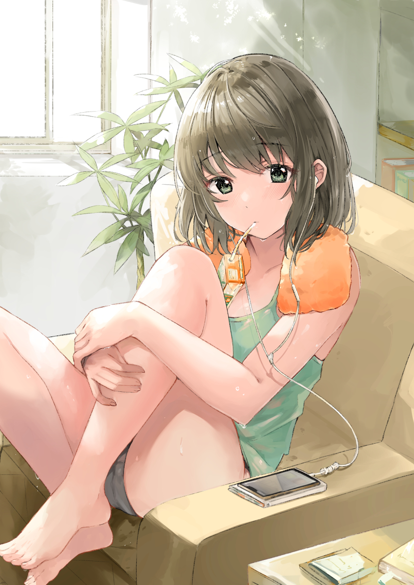 1girl armchair bangs bare_legs bare_shoulders barefoot blush book brown_hair camisole cellphone chair commentary_request day drinking earphones eyebrows_visible_through_hair green_eyes grey_panties juice_box knees_up moe2021 mouth_hold original panties phone plant potted_plant short_hair sitting smartphone solo tomura2maru towel towel_around_neck underwear window