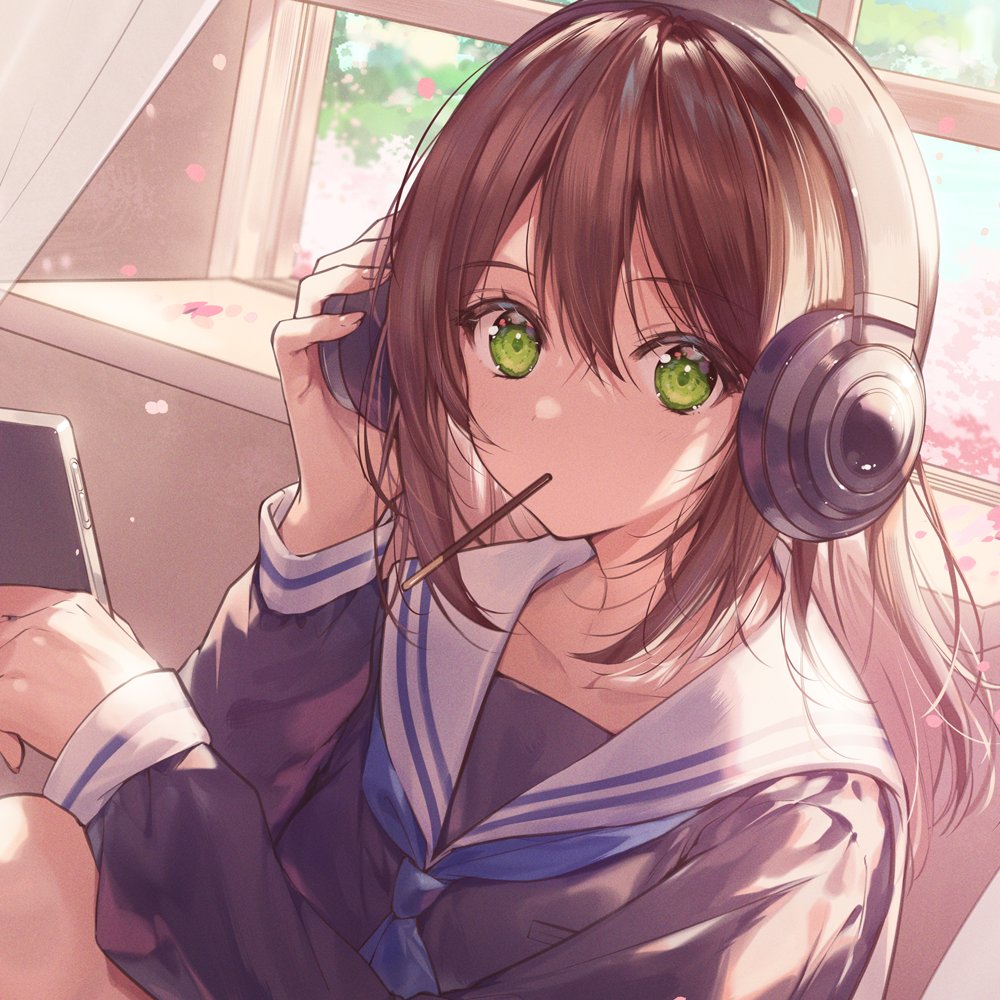 1girl bangs brown_hair closed_mouth collarbone curtains eyebrows_visible_through_hair green_eyes hair_between_eyes hair_strand hands_up headphones holding holding_phone long_hair long_sleeves looking_at_viewer necktie necomi original phone sailor_collar school_uniform serafuku sidelocks solo upper_body window