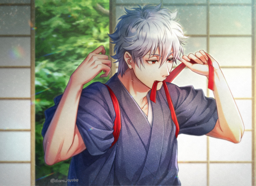 1boy bangs black_kimono closed_mouth commentary_request day eyebrows_visible_through_hair gintama hair_between_eyes hands_up indoors japanese_clothes kimono looking_away male_focus mouth_hold red_eyes red_ribbon ribbon ribbon_in_mouth sakata_gintoki short_sleeves solo tasuki tsurumura_ichiru twitter_username upper_body v-shaped_eyebrows white_hair