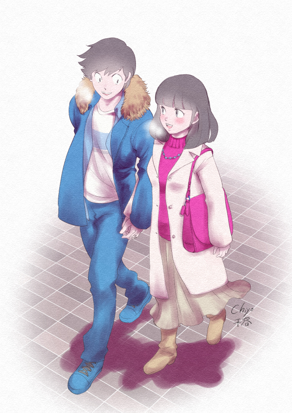 1boy 1girl bag bangs beige_skirt blue_footwear blue_jacket blue_pants blunt_bangs blush breath couple from_above fur_trim handbag hetero holding_hands jacket looking_down looking_to_the_side looking_up miyake_shinobu moroboshi_ataru older open_mouth pants pink_sweater senyou_(user_cgxf5837) shoes sneakers sweater urusei_yatsura