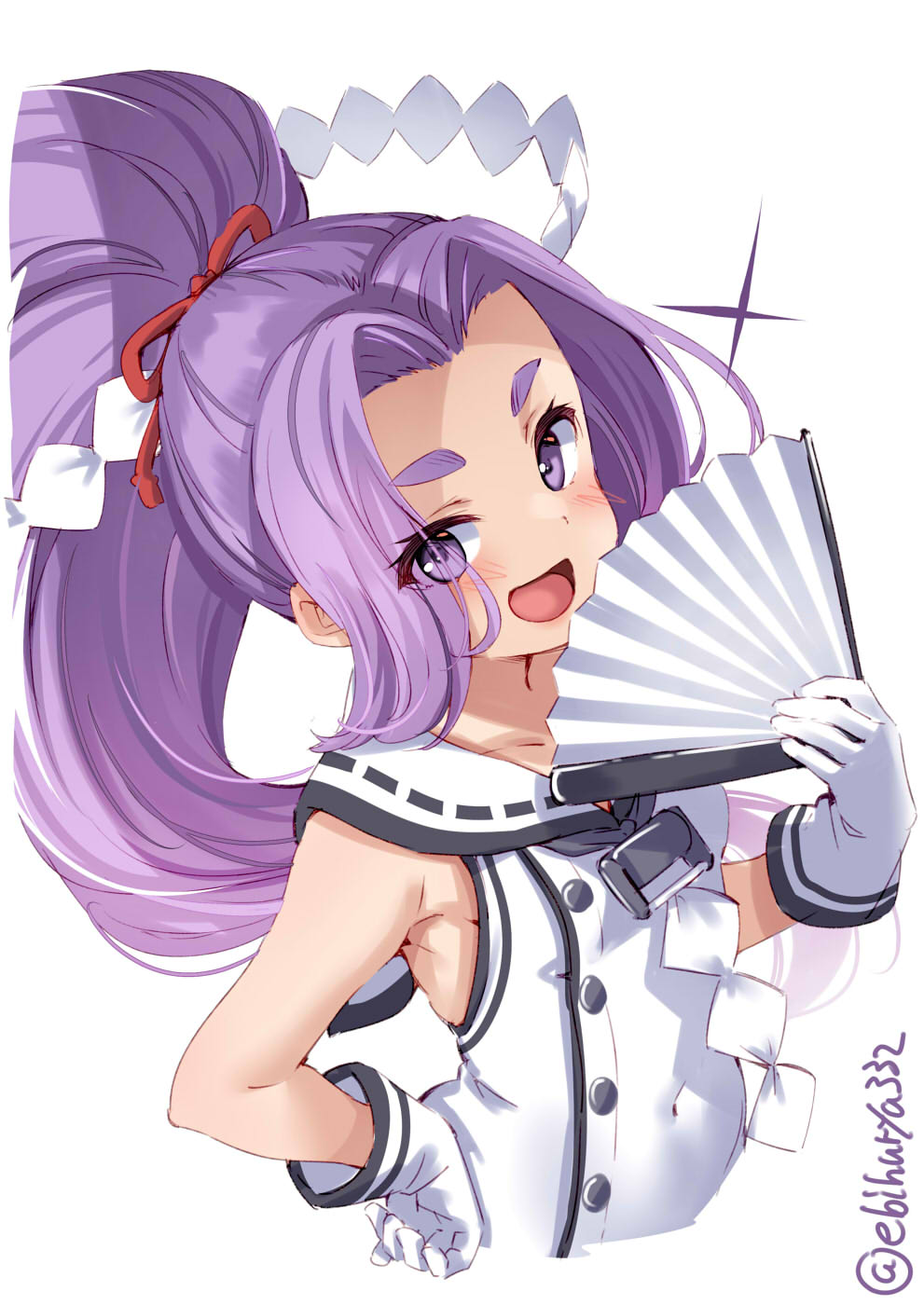 1girl :d blush commentary_request covered_navel ebifurya eyes_visible_through_hair fan gloves hair_ribbon hand_on_hip hatsuharu_(kancolle) highres holding holding_fan kantai_collection long_hair looking_at_viewer open_mouth purple_hair red_ribbon ribbon simple_background smile solo thick_eyebrows twitter_username violet_eyes white_background white_gloves