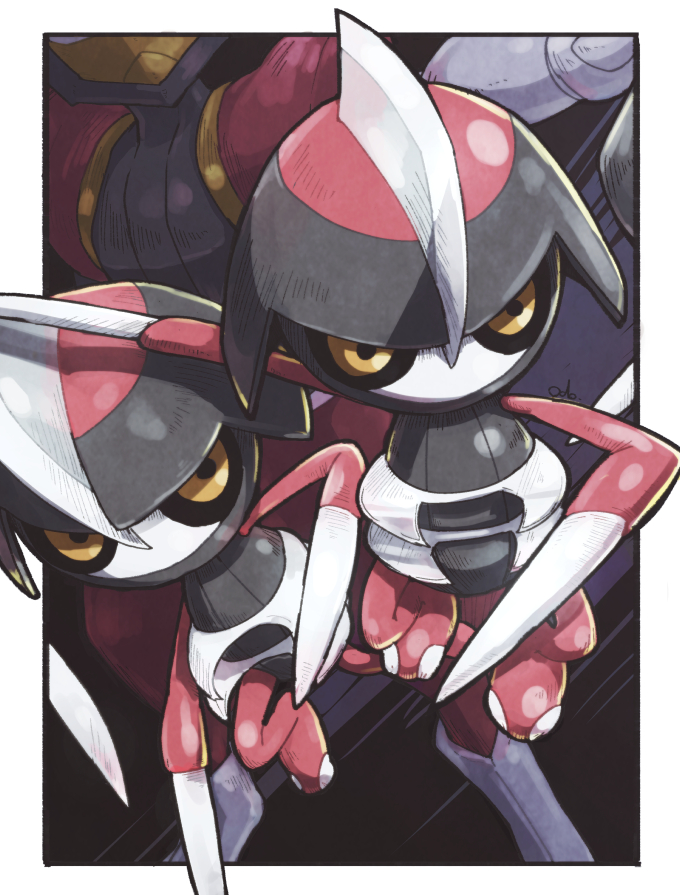 bisharp black_sclera blade border colored_sclera commentary_request gen_5_pokemon no_humans odo_7ta outside_border outstretched_arm pawniard pokemon pokemon_(creature) steel white_border yellow_eyes