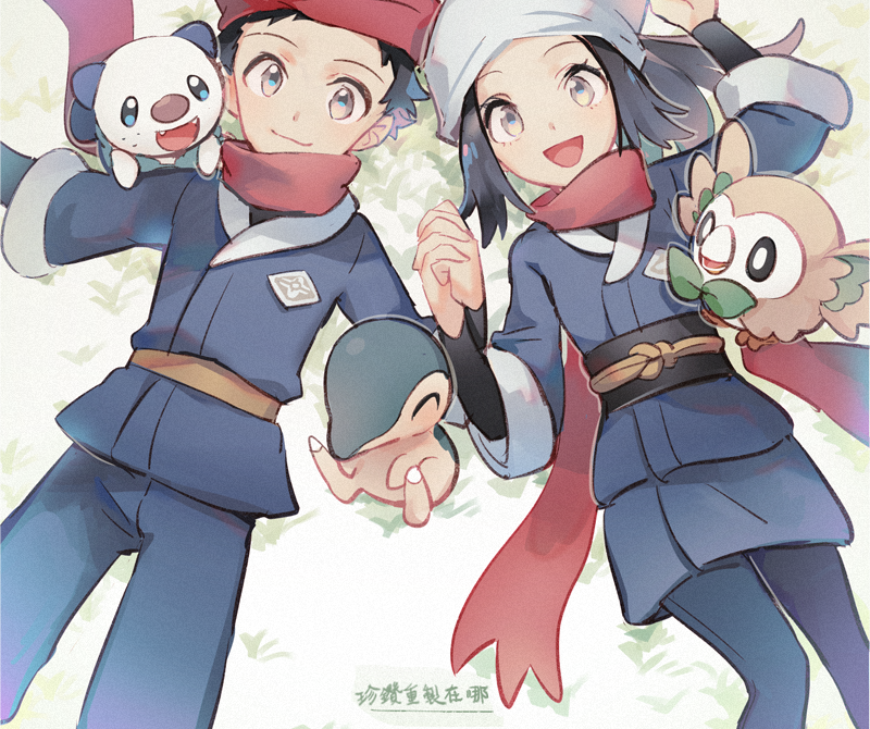 1boy 1girl :d black_hair closed_mouth commentary_request cyndaquil female_protagonist_(pokemon_legends:_arceus) gen_2_pokemon gen_5_pokemon gen_7_pokemon grey_eyes hat holding_hands huan_li jacket long_hair looking_at_viewer lying male_protagonist_(pokemon_legends:_arceus) on_back open_mouth oshawott pants pokemon pokemon_(creature) pokemon_(game) pokemon_legends:_arceus red_headwear red_scarf rowlet sash scarf sidelocks smile starter_pokemon tongue