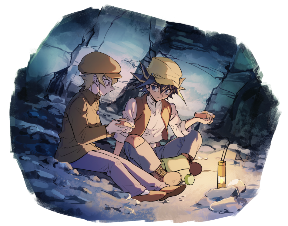 2boys apple bangs black_hair blonde_hair blue_eyes blue_pants boots brown_footwear brown_headwear brown_vest cabbie_hat closed_mouth collared_shirt commentary_request cosplay cross-laced_footwear flat_cap food fried_egg fried_egg_on_toast fruit fudou_yuusei full_body green_apple hair_between_eyes hat indian_style jack_atlas jewelry lantern long_sleeves looking_at_another looking_to_the_side male_focus multiple_boys necklace open_mouth pants parody pazu pazu_(cosplay) rock sheeta sheeta_(cosplay) shirt shoes short_hair short_sleeves sitting spiky_hair stream tenkuu_no_shiro_laputa toast torinomaruyaki underground vest violet_eyes white_shirt yu-gi-oh! yu-gi-oh!_5d's