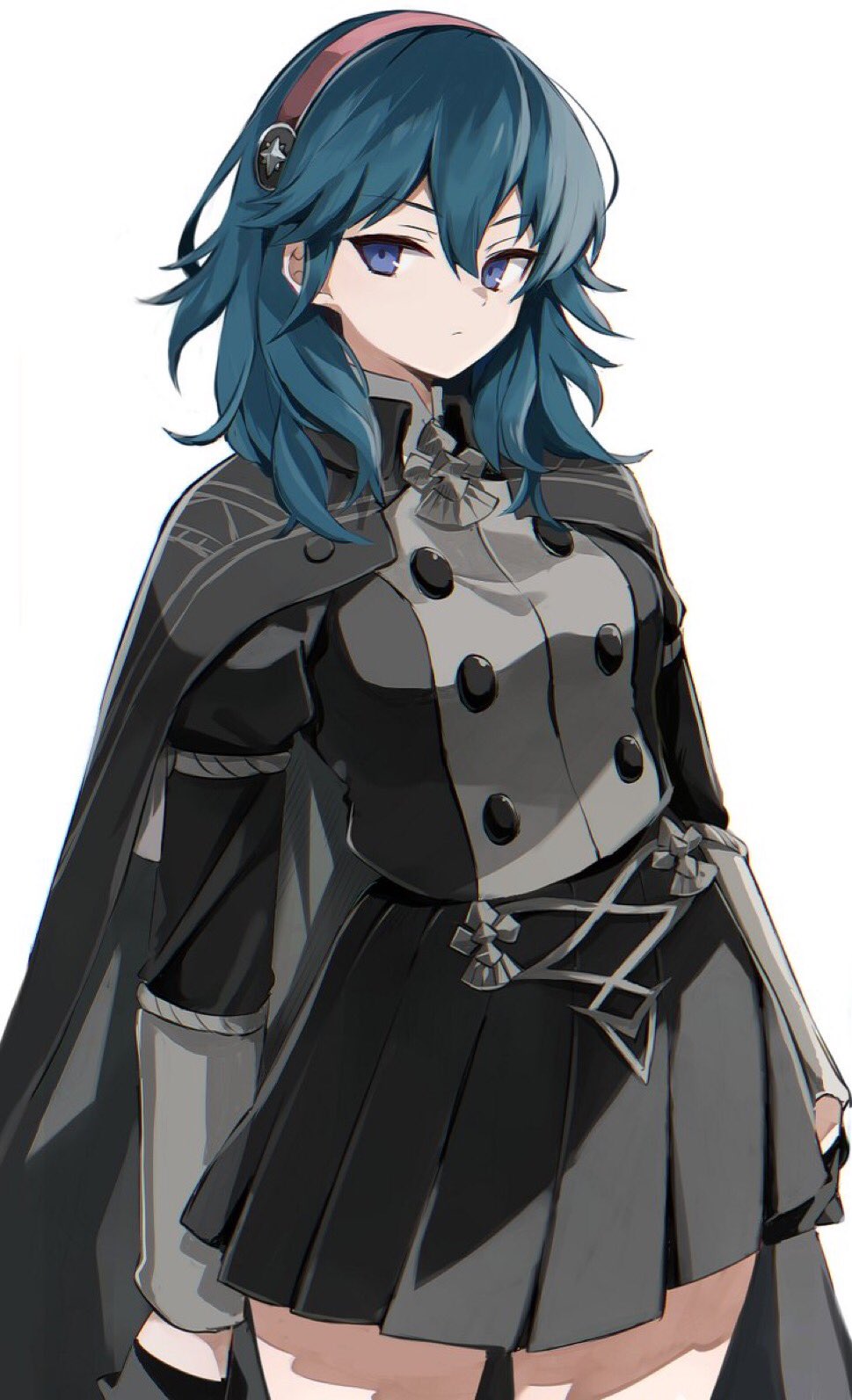 1girl bangs black_gloves black_skirt blue_eyes breasts byleth_(fire_emblem) byleth_eisner_(female) cape closed_mouth eyebrows_visible_through_hair fire_emblem fire_emblem:_three_houses freenote_mr garreg_mach_monastery_uniform gloves hair_between_eyes hairband highres long_sleeves medium_breasts medium_hair pleated_skirt simple_background skirt solo uniform white_background