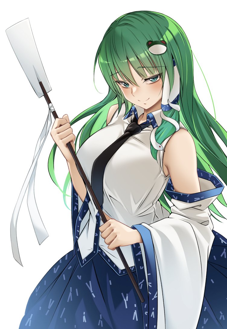 1girl bare_shoulders black_neckwear blue_skirt breasts closed_mouth cowboy_shot detached_sleeves frog_hair_ornament gohei green_eyes green_hair hair_ornament hair_tubes holding holding_stick kochiya_sanae large_breasts long_hair looking_at_viewer necktie paburisiyasu shirt sidelocks simple_background skirt smile snake_hair_ornament solo stick touhou white_background white_shirt wide_sleeves