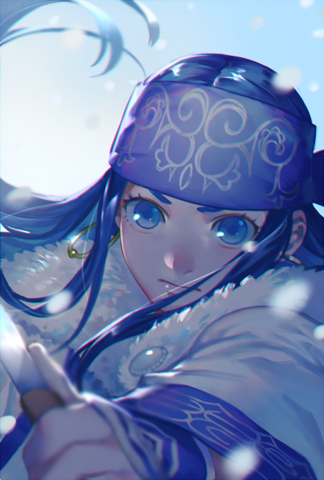 1girl ainu ainu_clothes asirpa bandana black_hair blue_bandana blue_eyes cape earrings fur_cape golden_kamuy hoop_earrings jewelry long_hair looking_at_viewer simple_background upper_body white_cape zoo_(oukakumaku)