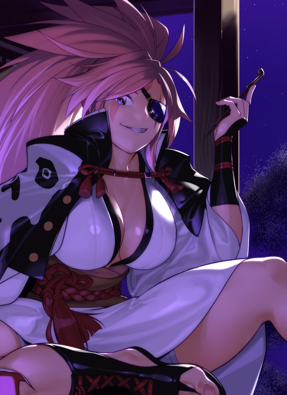 1girl akisa_(12023648) baiken breasts eyepatch facial_mark grin guilty_gear guilty_gear_xrd highres japanese_clothes kimono large_breasts long_hair looking_at_viewer night night_sky pink_hair pipe ponytail rope sash scar scar_across_eye shaded_face sitting skull_print sky smile solo star_(sky) starry_sky teeth thick_thighs thighs tree
