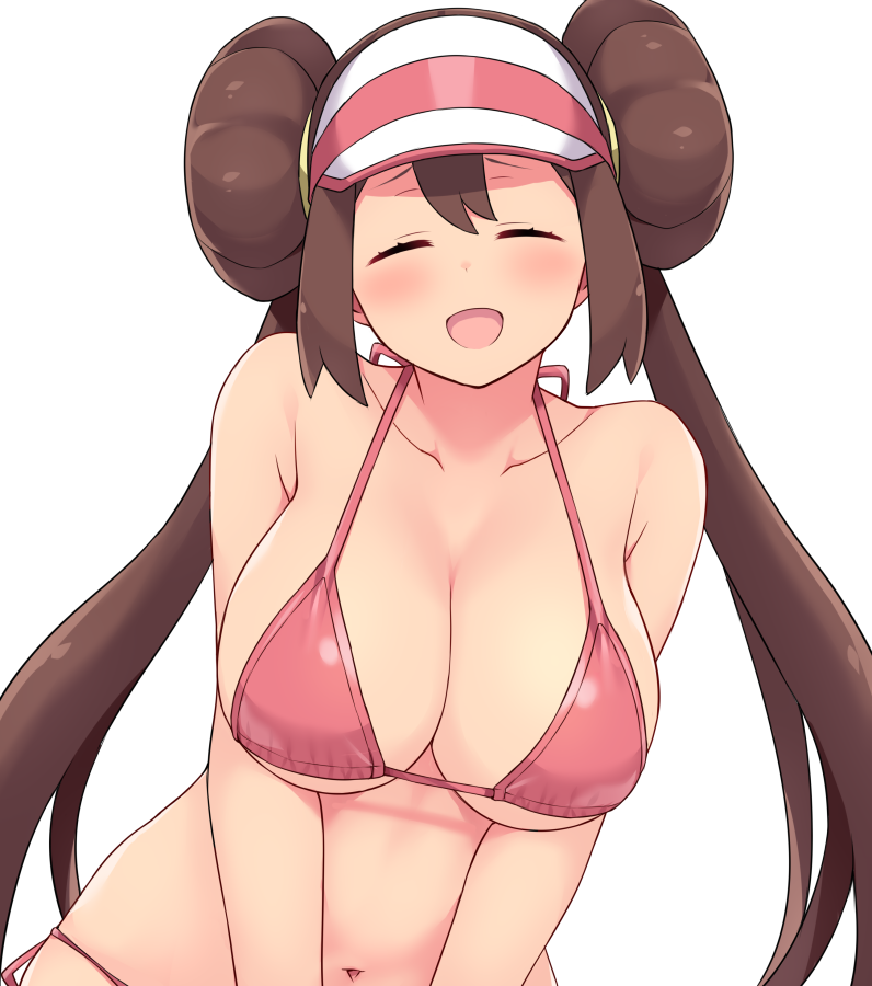 1girl :d ^_^ amane_hasuhito bikini breasts brown_hair closed_eyes collarbone double_bun hair_between_eyes large_breasts long_hair navel open_mouth pokemon pokemon_(game) pokemon_bw2 red_bikini rosa_(pokemon) simple_background smile solo swimsuit twintails visor_cap white_background