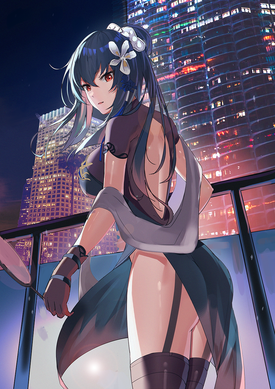 1girl azur_lane bangs black_legwear breasts building china_dress chinese_clothes cowboy_shot dress eyebrows_visible_through_hair fan flower from_side garter_straps gloves grey_hair hair_flower hair_ornament highres holding holding_fan large_breasts long_hair looking_at_viewer looking_to_the_side manu_(pixiv41646715) night night_sky outdoors parted_lips red_eyes saint-louis_(alluring_administrator)_(azur_lane) saint-louis_(azur_lane) short_sleeves sky skyscraper solo standing thigh-highs
