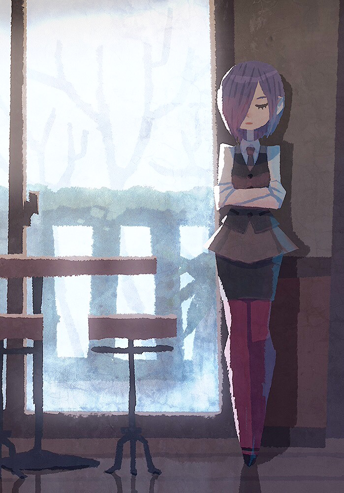 1girl backlighting bar_stool bare_tree black_footwear black_neckwear black_skirt black_vest cafe chair closed_eyes closed_mouth collared_shirt crossed_arms facing_viewer hair_over_one_eye hyogonosuke indoors kirishima_touka necktie no_lineart pantyhose pencil_skirt purple_hair railing shadow shirt short_hair skirt sleeves_rolled_up solo standing stool table tokyo_ghoul tree vest waitress white_shirt wing_collar wooden_floor