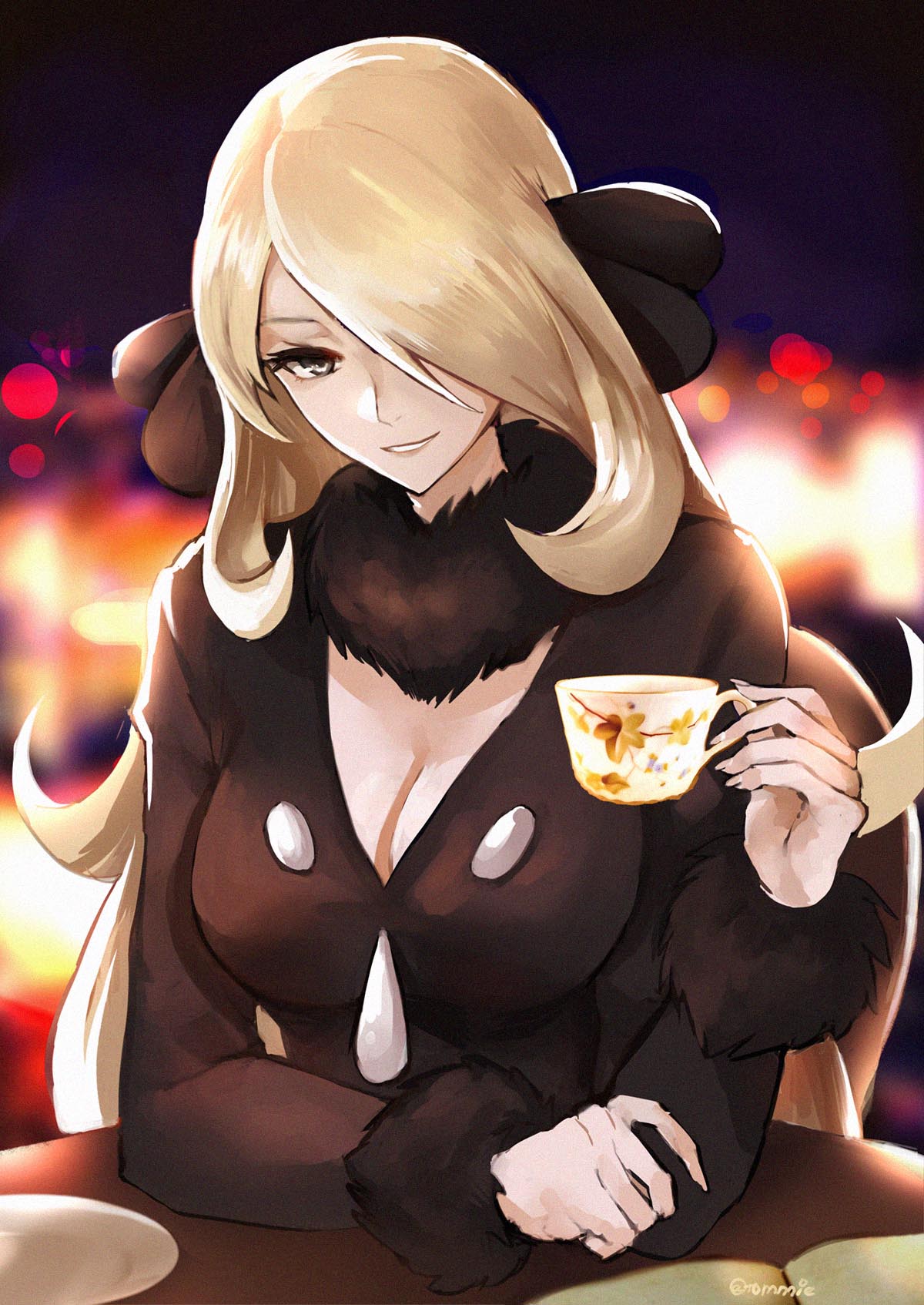1girl bangs blonde_hair cup cynthia_(pokemon) english_commentary fur-trimmed_sleeves fur_trim grey_eyes hair_ornament highres holding holding_cup long_hair long_sleeves looking_at_viewer pokemon pokemon_(game) pokemon_dppt shiny shiny_hair sitting smile solo swept_bangs table tommy_(kingdukeee) twitter_username very_long_hair
