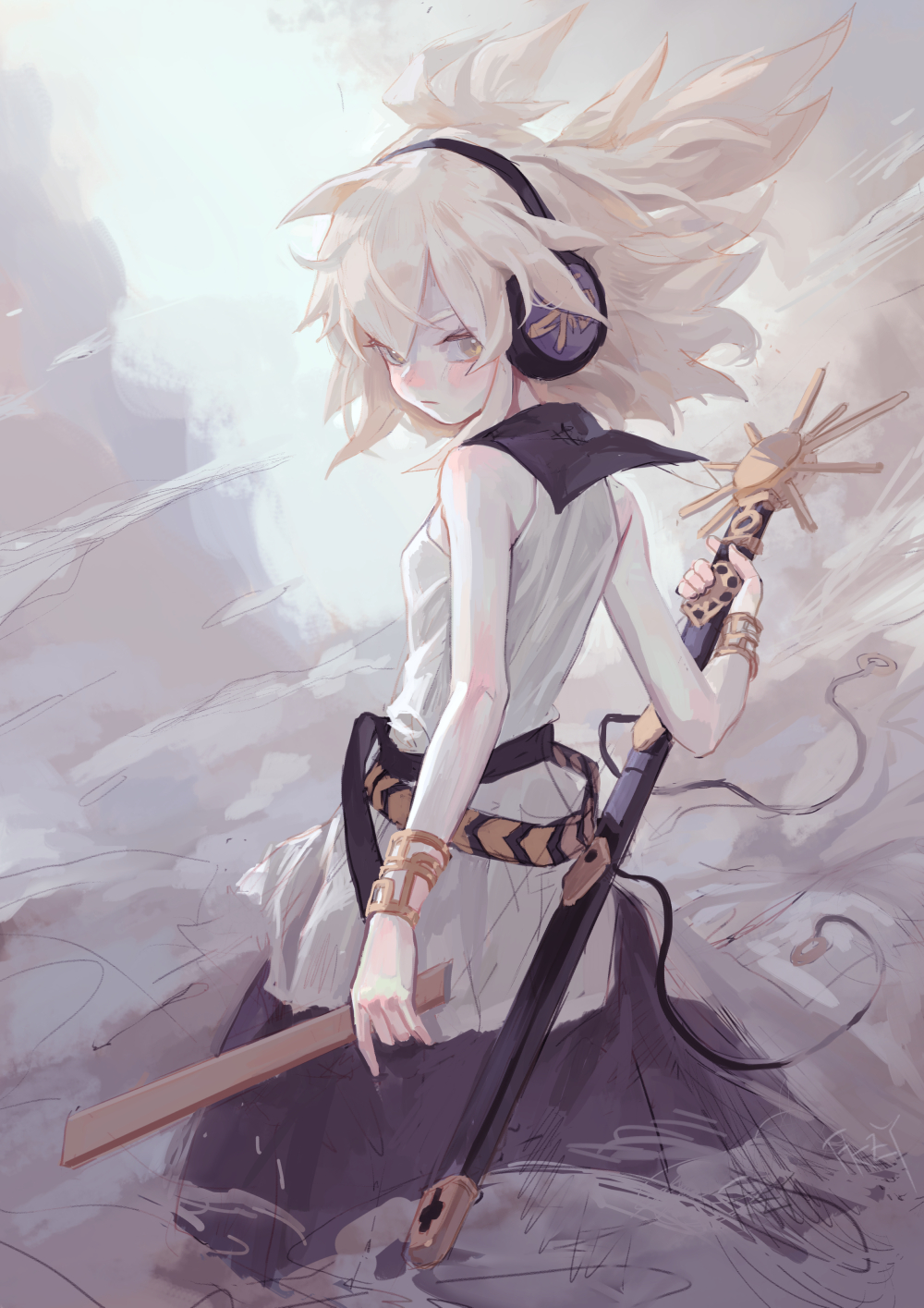 1girl black_sailor_collar blonde_hair breasts closed_mouth clouds commentary fkey headphones highres holding holding_sword holding_weapon looking_back ritual_baton sailor_collar sleeveless small_breasts solo sword touhou toyosatomimi_no_miko weapon yellow_eyes