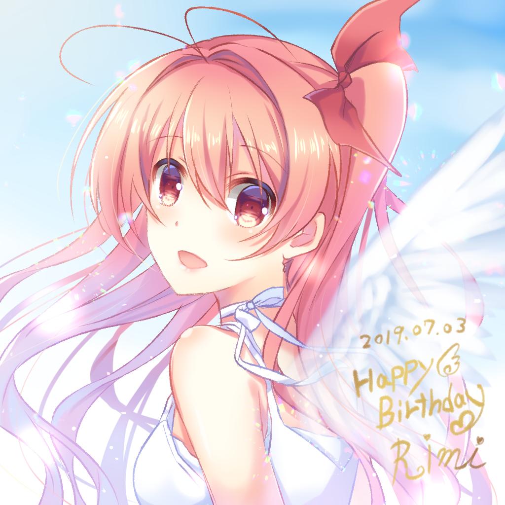 1girl 2019 :d antenna_hair bangs bow chaos;head character_name choker dated eyebrows_visible_through_hair floating_hair from_side hair_between_eyes hair_bow hair_intakes happy_birthday long_hair looking_at_viewer nishijou_myu open_mouth pink_hair red_bow red_eyes ribbon ribbon_choker sakihata_rimi shiny shiny_hair side_ponytail sleeveless smile solo upper_body very_long_hair white_ribbon white_wings wings