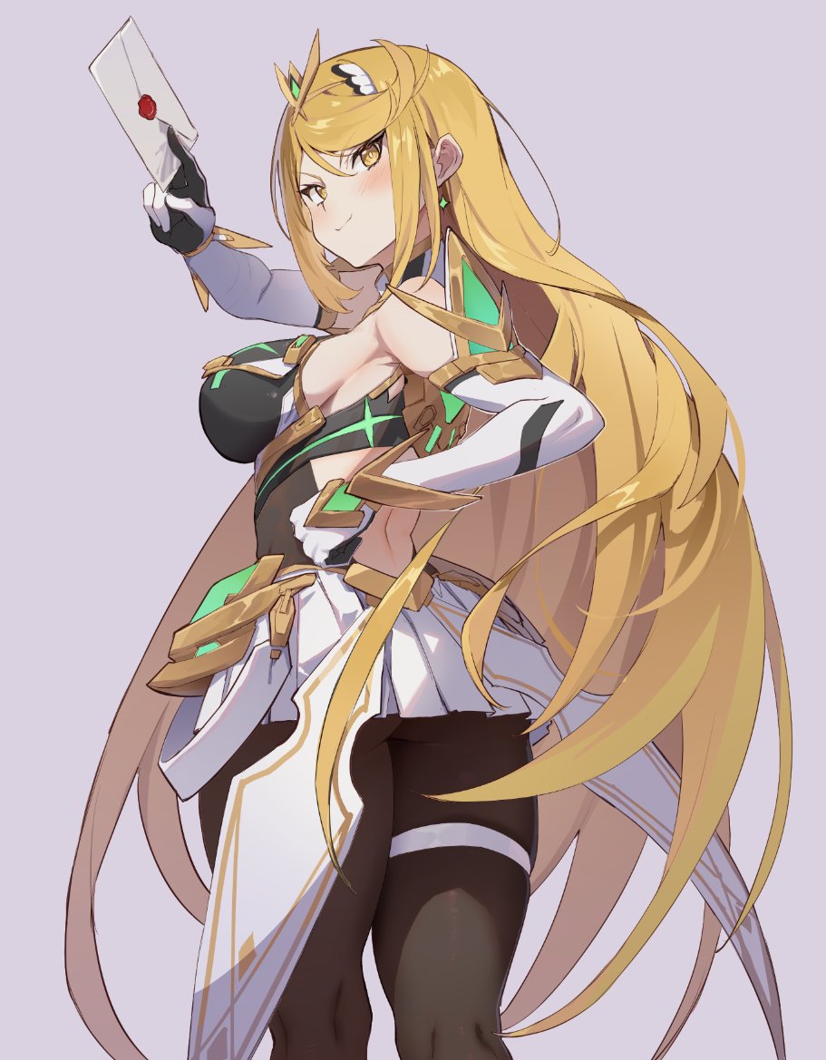 1girl ass back bangs bare_legs bare_shoulders blonde_hair blush breasts butt_crack cowboy_shot dress earrings elbow_gloves envelope from_behind gloves grey_background headpiece jewelry large_breasts long_hair looking_back mythra_(xenoblade) pantyhose seinen short_dress sideboob smash_invitation smile super_smash_bros. swept_bangs thigh_strap tiara very_long_hair white_dress white_gloves xenoblade_chronicles_(series) xenoblade_chronicles_2 yellow_eyes