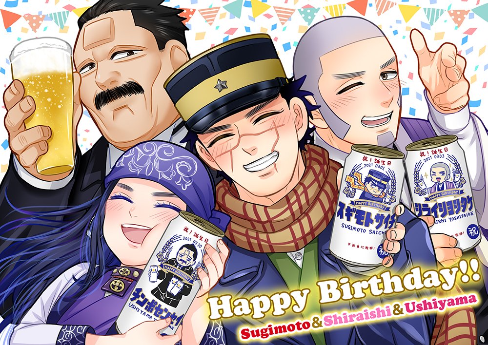 1girl 3boys ;d ainu_clothes asirpa bee beer_can black_eyes black_hair brown_eyes brown_scarf bug can character_name closed_eyes confetti dated earrings facial_hair goatee golden_kamuy grey_hair hand_up happy_birthday hat holding holding_can hoop_earrings insect jewelry kepi long_hair military_hat multiple_boys mustache one_eye_closed open_mouth purple_headband scar scar_on_cheek scar_on_face scar_on_forehead scarf shiraishi_yoshitake sideburns smile sugimoto_saichi upper_body ushiyama_tatsuma ym_gk