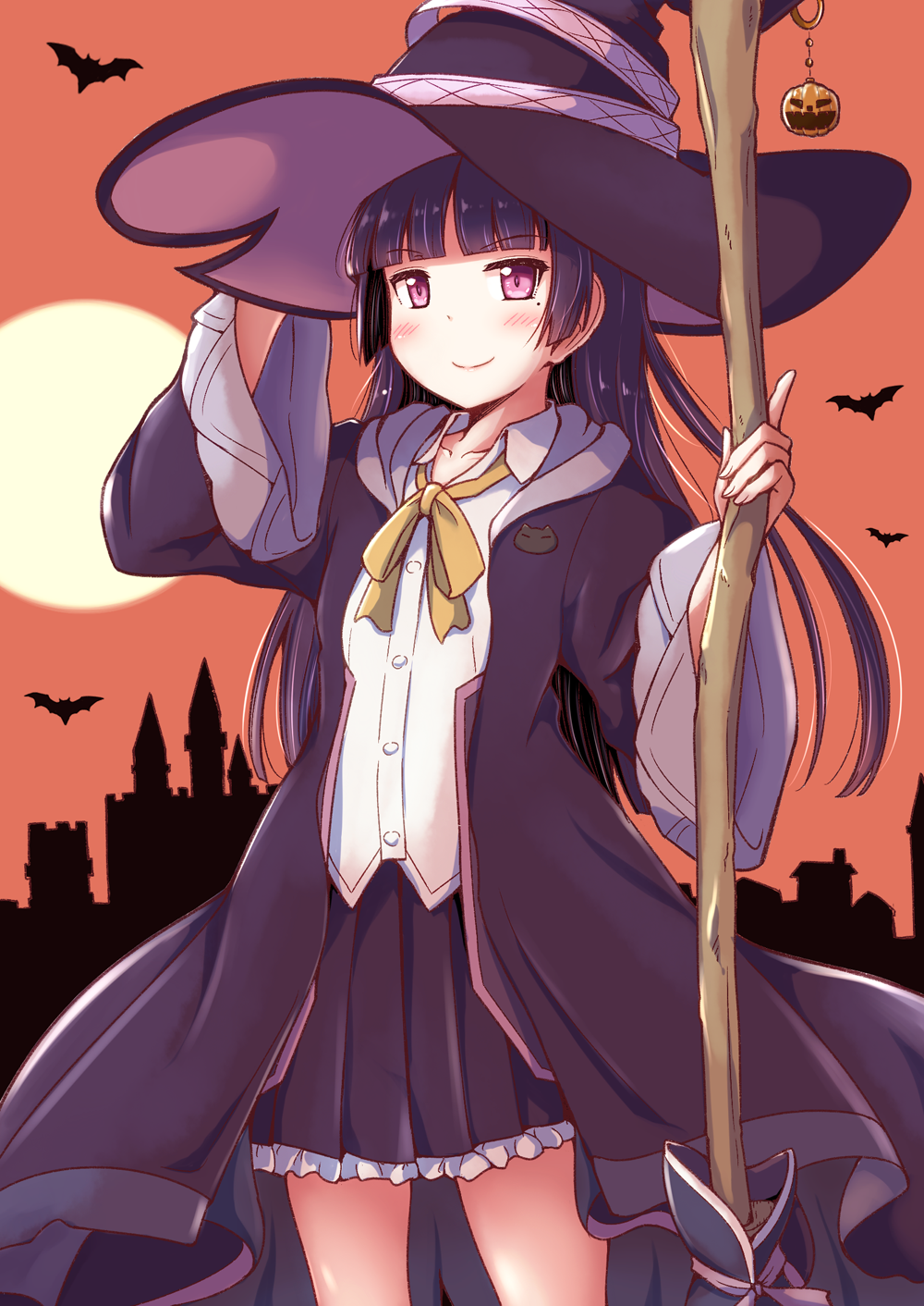 1girl alternate_costume black_coat black_hair black_headwear black_skirt coat collared_shirt cowboy_shot full_moon gokou_ruri hat herunin highres hime_cut hood long_hair looking_at_viewer mole mole_under_eye moon ore_no_imouto_ga_konna_ni_kawaii_wake_ga_nai pleated_skirt red_eyes red_sky shirt skirt sky solo white_shirt witch_hat