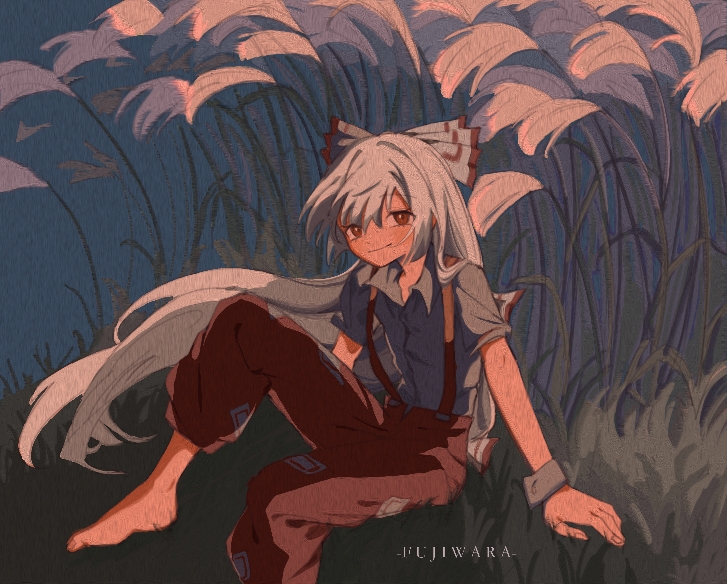 baggy_pants barefoot bow character_name collared_shirt fingernails floating_hair fujiwara_no_mokou grass hair_bow leg_up light_smile long_hair looking_at_viewer ofuda ofuda_on_clothes open_clothes open_shirt pants plant_request red_eyes red_pants shirt shiye_hong short_sleeves sitting smile suspenders touhou white_hair wrist_cuffs