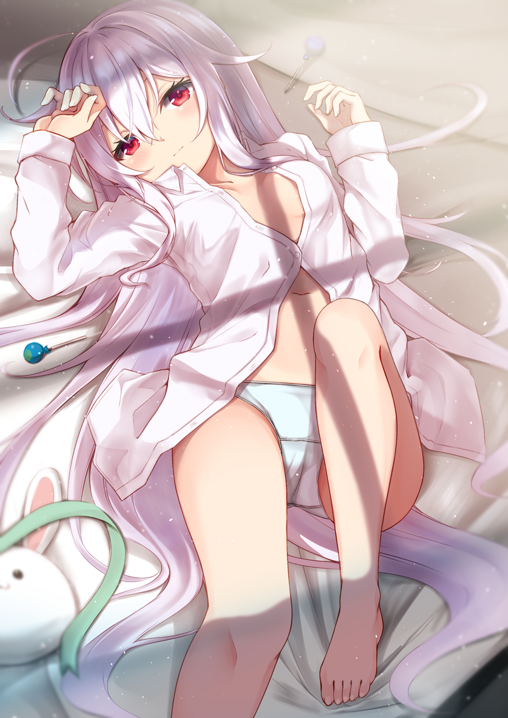1girl ahoge arm_up bangs bare_legs barefoot blue_panties blurry blurry_background breasts candy closed_mouth collared_shirt commentary_request depth_of_field dress_shirt eyebrows_visible_through_hair food hair_between_eyes hand_up highres knee_up lollipop long_hair long_sleeves looking_at_viewer lying moe2021 navel no_pants on_back original panties red_eyes shirt silver_hair siroyuki sleeves_past_wrists small_breasts smile solo underwear very_long_hair white_shirt