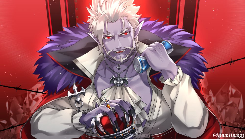 1boy ascot barbed_wire beard can cape collarbone collared_shirt colored_skin crown facial_hair fur-trimmed_cape fur_trim gilzaren_iii glint hand_up hige_kariudoshachi holding holding_can king_(vocaloid) looking_at_viewer male_focus nijisanji open_clothes open_shirt pointy_ears purple_skin red_cape red_eyes shirt smile solo thick_eyebrows twitter_username upper_body v-shaped_eyebrows virtual_youtuber white_hair white_neckwear white_shirt