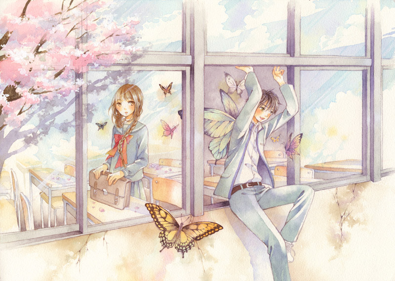 1boy 1girl arms_up bangs belt bow braid brown_hair bug butterfly chair classroom desk flower grey_jacket grey_pants insect jacket long_sleeves open_mouth original pants pink_flower red_bow red_neckwear reflection shadow shirt shirt_tucked_in smile traditional_media tree uniform watercolor_(medium) white_shirt window yuufuushi