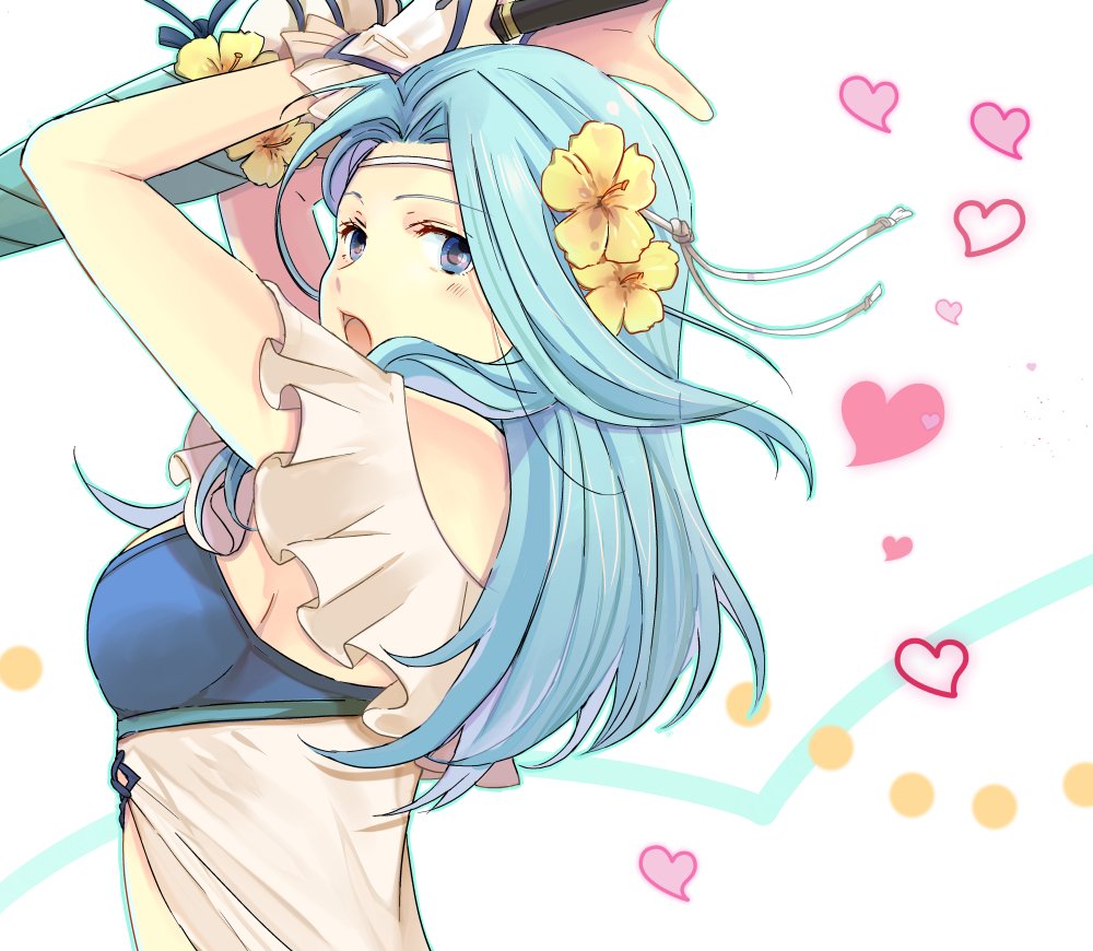 1girl anzk232 arms_up blue_eyes blue_hair breasts circlet closed_umbrella fiora_(fire_emblem) fire_emblem fire_emblem:_the_blazing_blade flower from_side hair_flower hair_ornament hair_ribbon hibiscus holding holding_umbrella long_hair medium_breasts open_mouth ribbon shiny shiny_hair sideboob sleeveless solo umbrella upper_body white_background white_ribbon yellow_flower