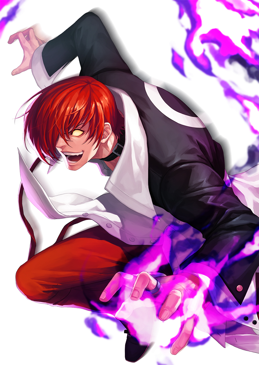 1boy :d animal_collar bangs black_collar black_footwear black_jacket buttons collar commentary_request crazy_smile evilgun fang fingernails fire foot_out_of_frame glowing glowing_eye hair_over_one_eye hand_up jacket jumping long_sleeves looking_to_the_side male_focus open_mouth orochi_iori pants purple_fire pyrokinesis red_pants redhead shiny shiny_hair shoes short_hair simple_background smile solo teeth the_king_of_fighters unbuttoned_sleeves white_background yagami_iori yellow_eyes