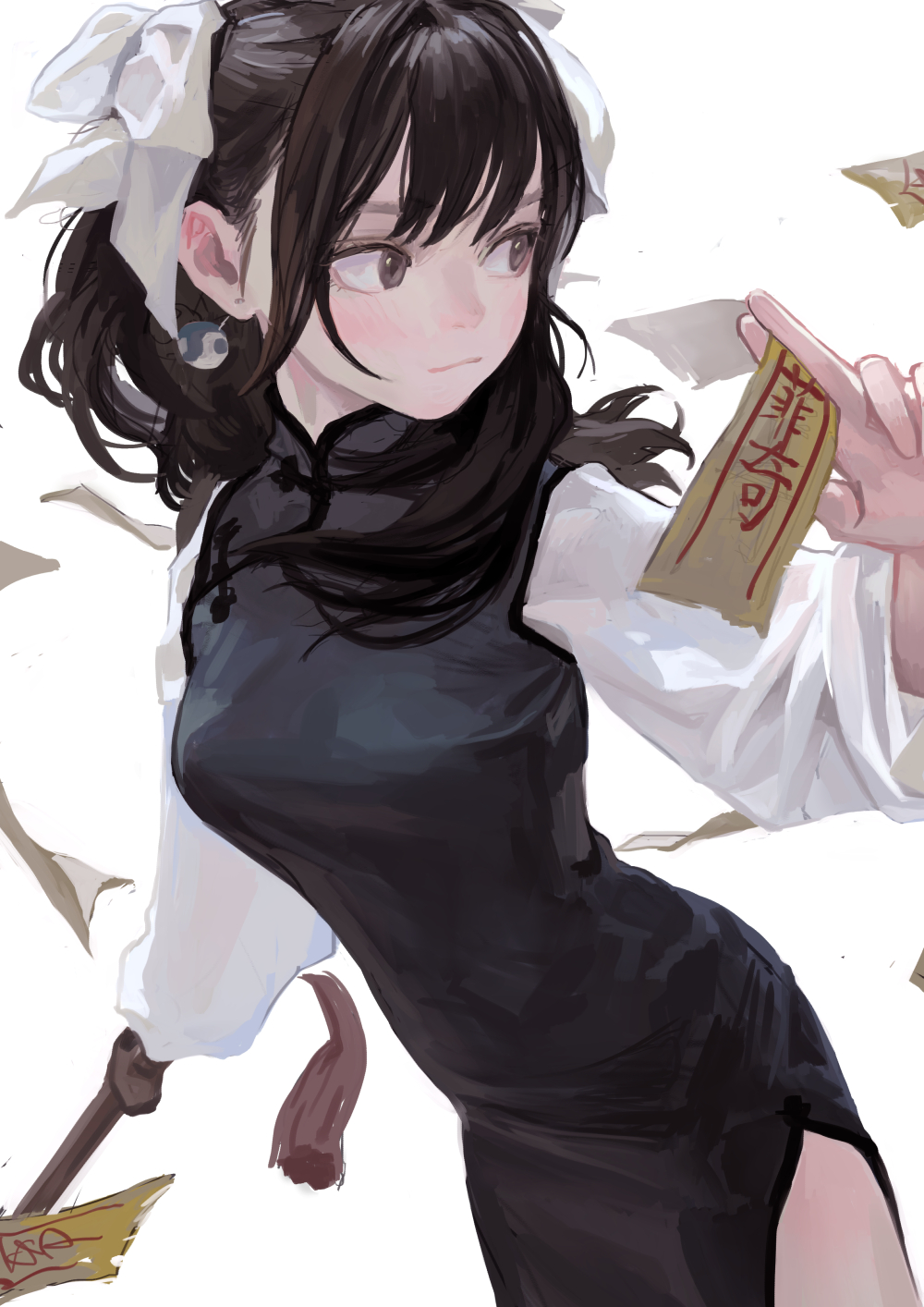 1girl :3 backlighting black_dress black_eyes black_hair breasts china_dress chinese_clothes closed_mouth dress earrings fkey focused highres holding holding_paper holding_sword holding_weapon jewelry light_smile looking_to_the_side medium_breasts original paper ribbon side_slit simple_background solo standing sword talisman weapon white_background white_ribbon yin_yang