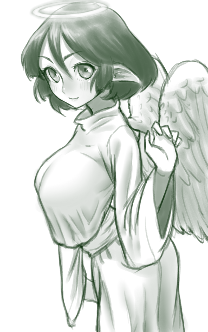 1girl angel angel_wings breasts closed_mouth feathered_wings from_side gishu green_theme hair_between_eyes halo hand_up highres large_breasts long_sleeves looking_at_viewer looking_to_the_side medium_hair monochrome pointy_ears shirt skirt smile solo tsugunael wide_sleeves wings yuuutsu-kun_to_succubus-san