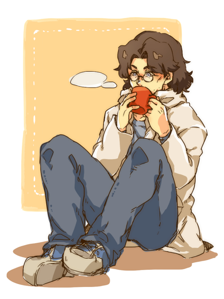 1boy blue_eyes blue_koko blue_shirt brown_hair coat collarbone cup drinking feet_together glasses hal_emmerich holding holding_cup long_sleeves male_focus metal_gear_(series) metal_gear_solid mug round_eyewear shirt shoes short_hair sitting sneakers solo