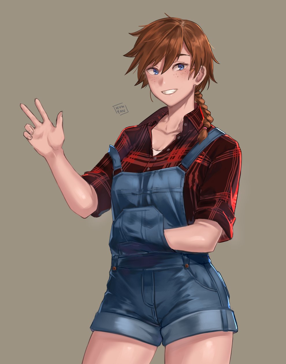 1girl blue_eyes braid brown_hair cowboy_shot freckles green_background hair_between_eyes hand_in_pocket highres hun_yan looking_at_viewer original overall_shorts plaid plaid_shirt shirt sign sleeves_folded_up smile solo unbuttoned v