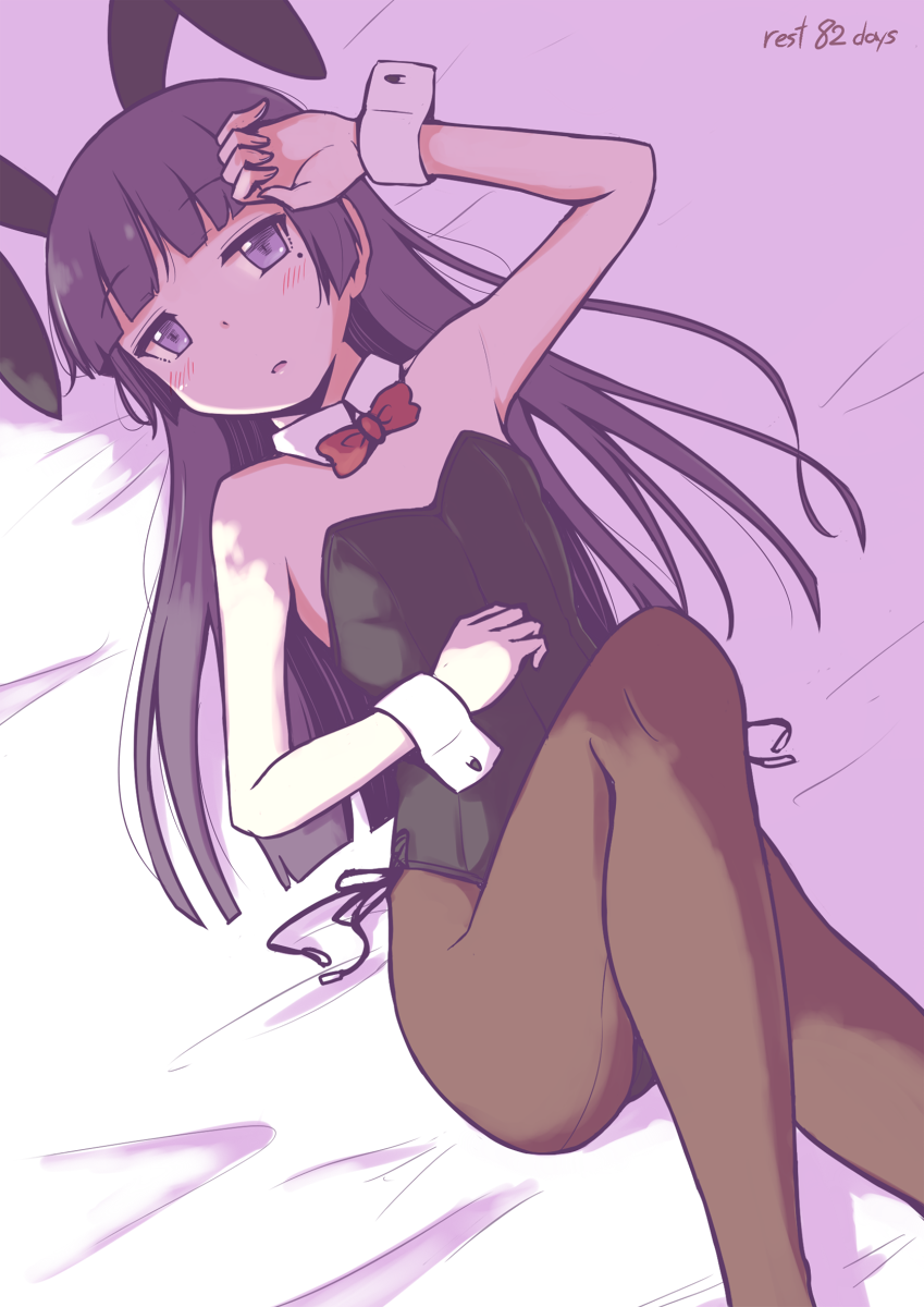 1girl animal_ears bed black_hair black_leotard bow bowtie brown_legwear bunny_tail detached_collar gokou_ruri herunin highres leotard long_hair looking_at_viewer lying ore_no_imouto_ga_konna_ni_kawaii_wake_ga_nai pantyhose playboy_bunny rabbit_ears red_neckwear solo tail violet_eyes wrist_cuffs