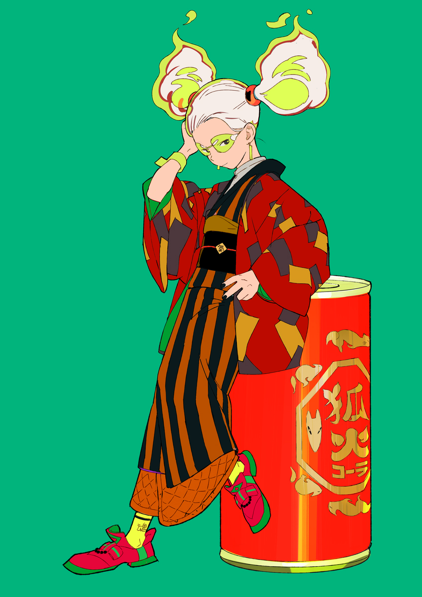 1girl black_sash can double_bun earrings green_background hand_up highres japanese_clothes jewelry kimono long_sleeves looking_at_viewer obi original red_footwear sash shoes simple_background solo striped striped_kimono ukumo_uichi white_hair wide_sleeves
