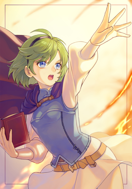 1girl ahoge bangs belt belt_buckle black_hairband blue_eyes brown_belt brown_cape buckle cape cowboy_shot eyebrows_visible_through_hair fire_emblem fire_emblem:_the_blazing_blade green_hair hair_between_eyes hairband holding kiyuu miniskirt nino_(fire_emblem) open_mouth outstretched_arm shiny shiny_hair shirt short_hair skirt solo standing white_shirt white_skirt