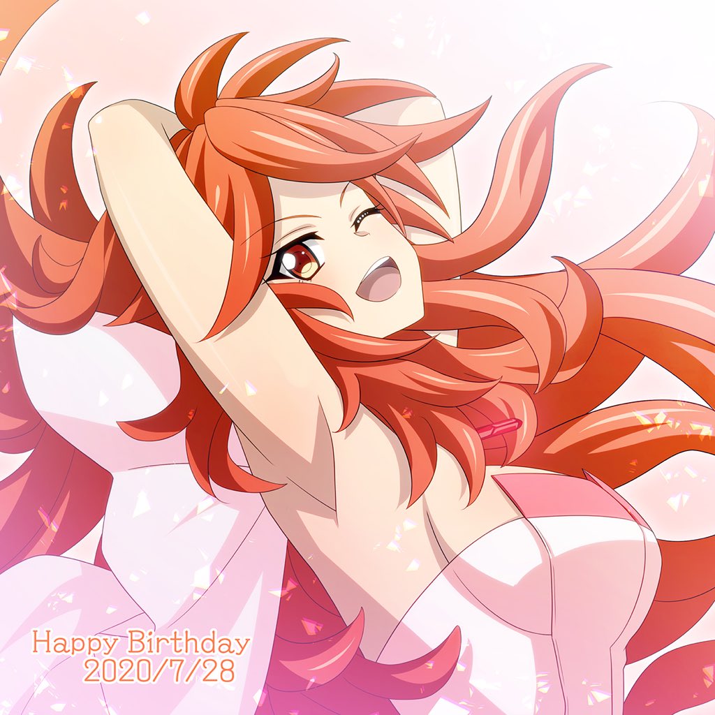 1girl 2020 ;d amou_kanade arm_up armpits breasts dated eyebrows_visible_through_hair floating_hair happy_birthday large_breasts leaning_back long_hair miona_yui one_eye_closed open_mouth orange_eyes orange_hair senki_zesshou_symphogear shiny shiny_hair smile solo strapless symphogear_pendant upper_body very_long_hair