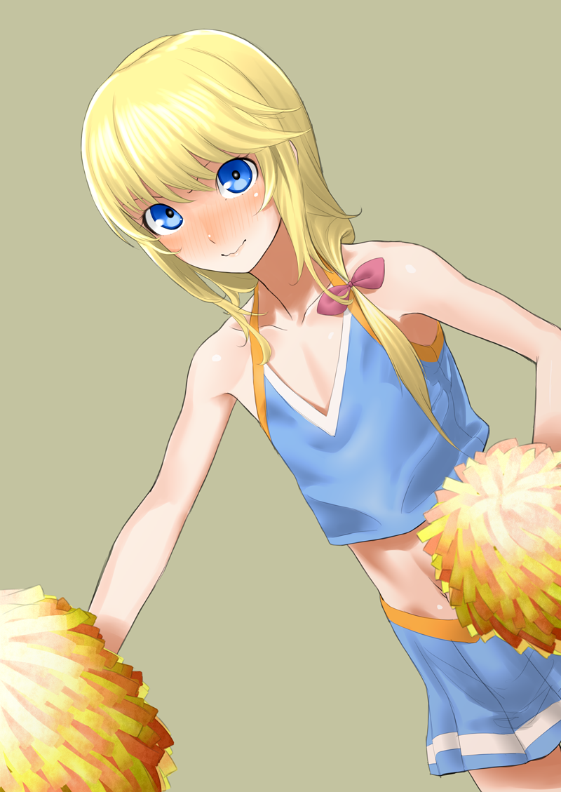 1other androgynous blonde_hair blue_eyes blue_shirt blue_skirt blush bow bright_pupils cheerleader chevalier_d'eon_(fate) closed_mouth cowboy_shot dutch_angle fate/grand_order fate_(series) flat_chest gishu hair_bow hair_over_shoulder holding holding_pom_poms long_hair looking_at_viewer miniskirt navel pink_bow pom_poms shirt side_ponytail simple_background skirt sleeveless sleeveless_shirt smile solo wavy_mouth white_pupils yellow_background